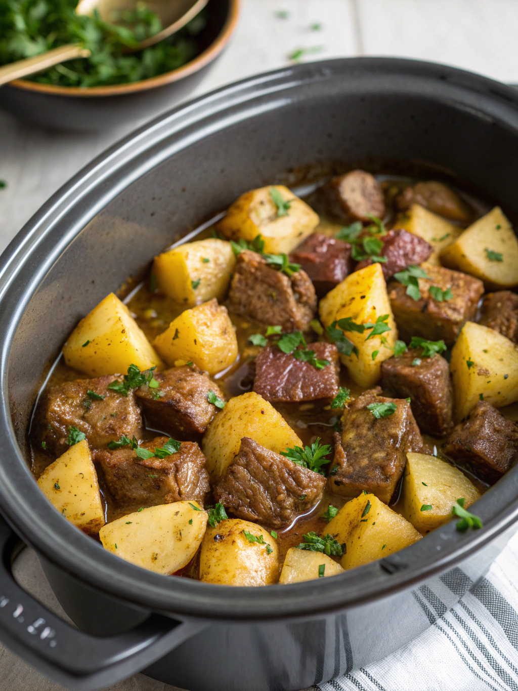 How to Cook Slow Cooker Garlic Butter Beef Bites with Potatoes: 5 Easy Steps