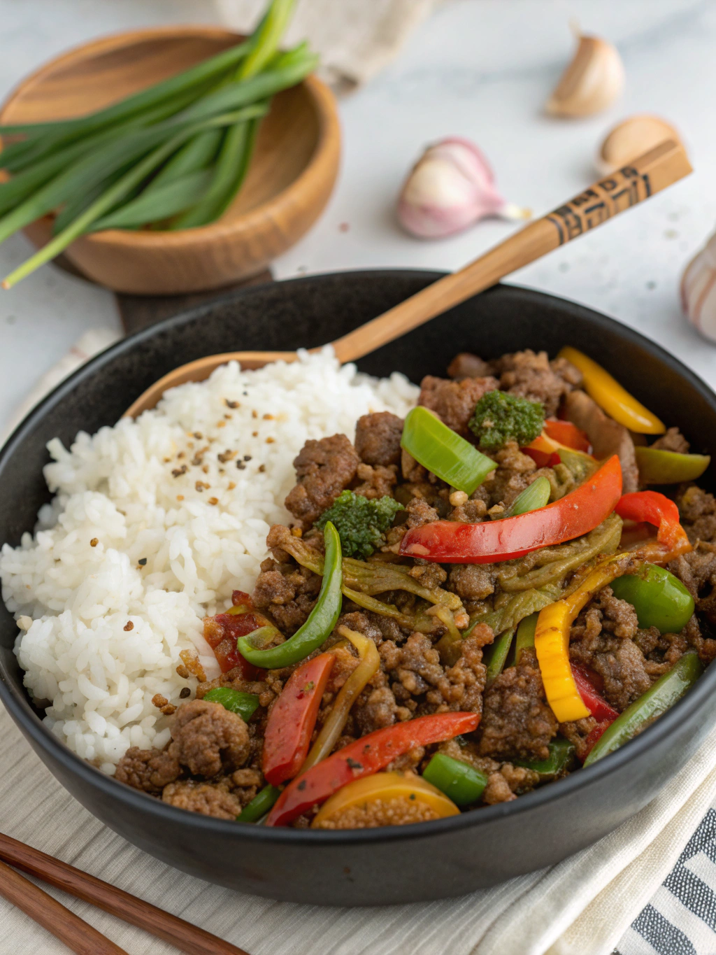 Spicy Ground Beef Stir-Fry Bowl with Garlic Veggies & Steamy Rice