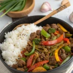 Spicy Ground Beef Stir-Fry Bowl with Garlic Veggies & Steamy Rice
