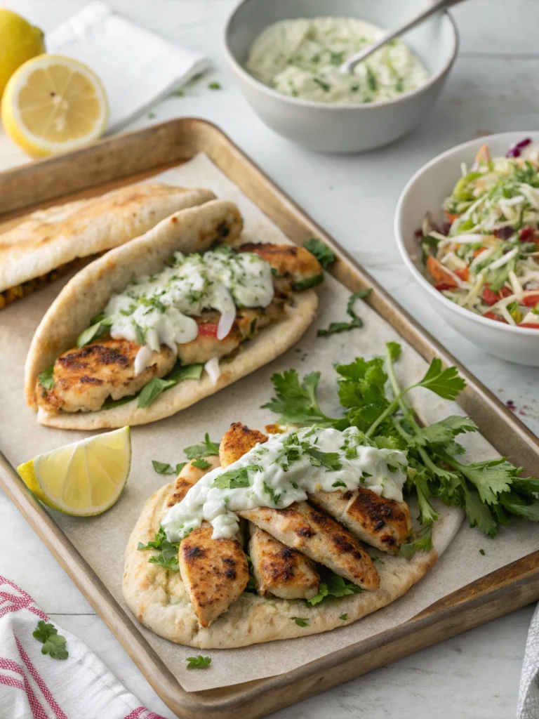 Easy Sheet Pan Chicken Pitas with Fresh Herb Ranch Slaw