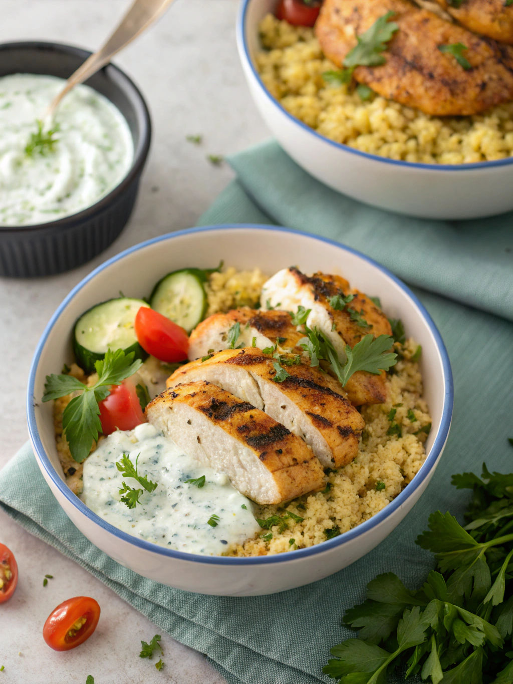 Herbed Chicken and Couscous Bowls with Creamy Tzatziki