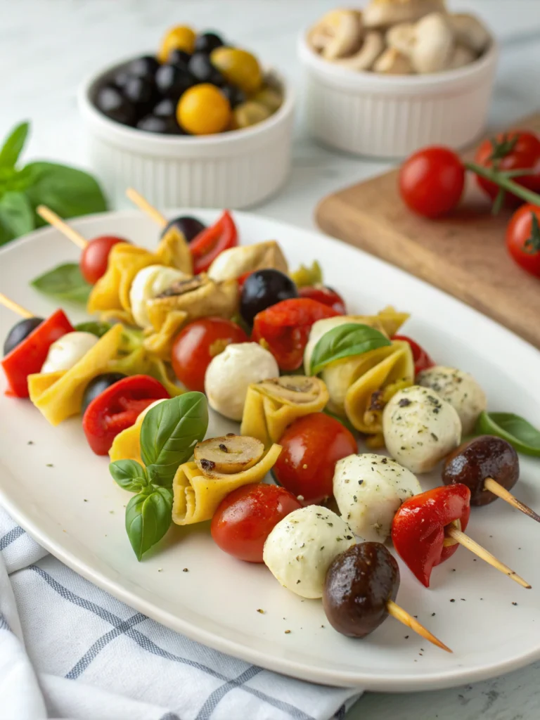 Italian Antipasto Skewers with Marinated Tortellini and Mozzarella