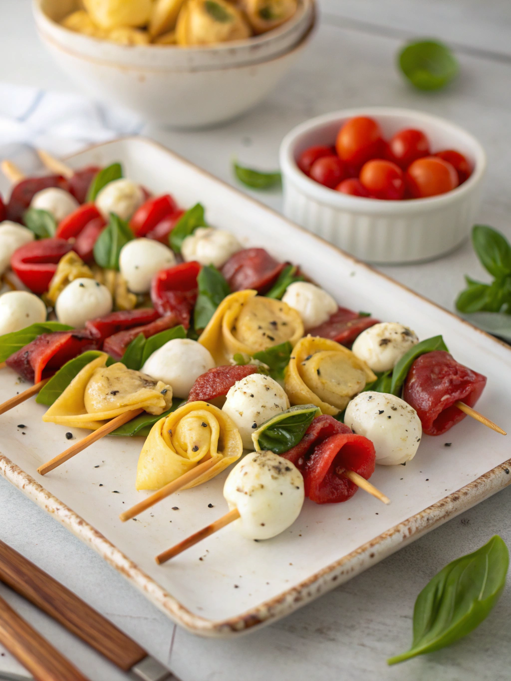 Italian Antipasto Skewers with Marinated Tortellini and Mozzarella