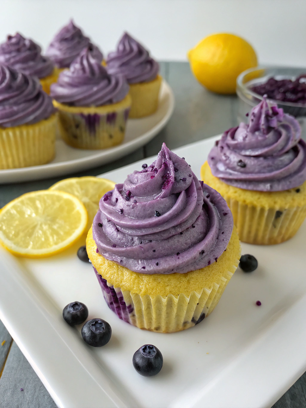 Lemon Cupcakes with Blueberry Buttercream