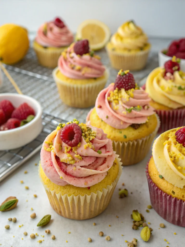 Lemon Raspberry Pistachio Cupcakes