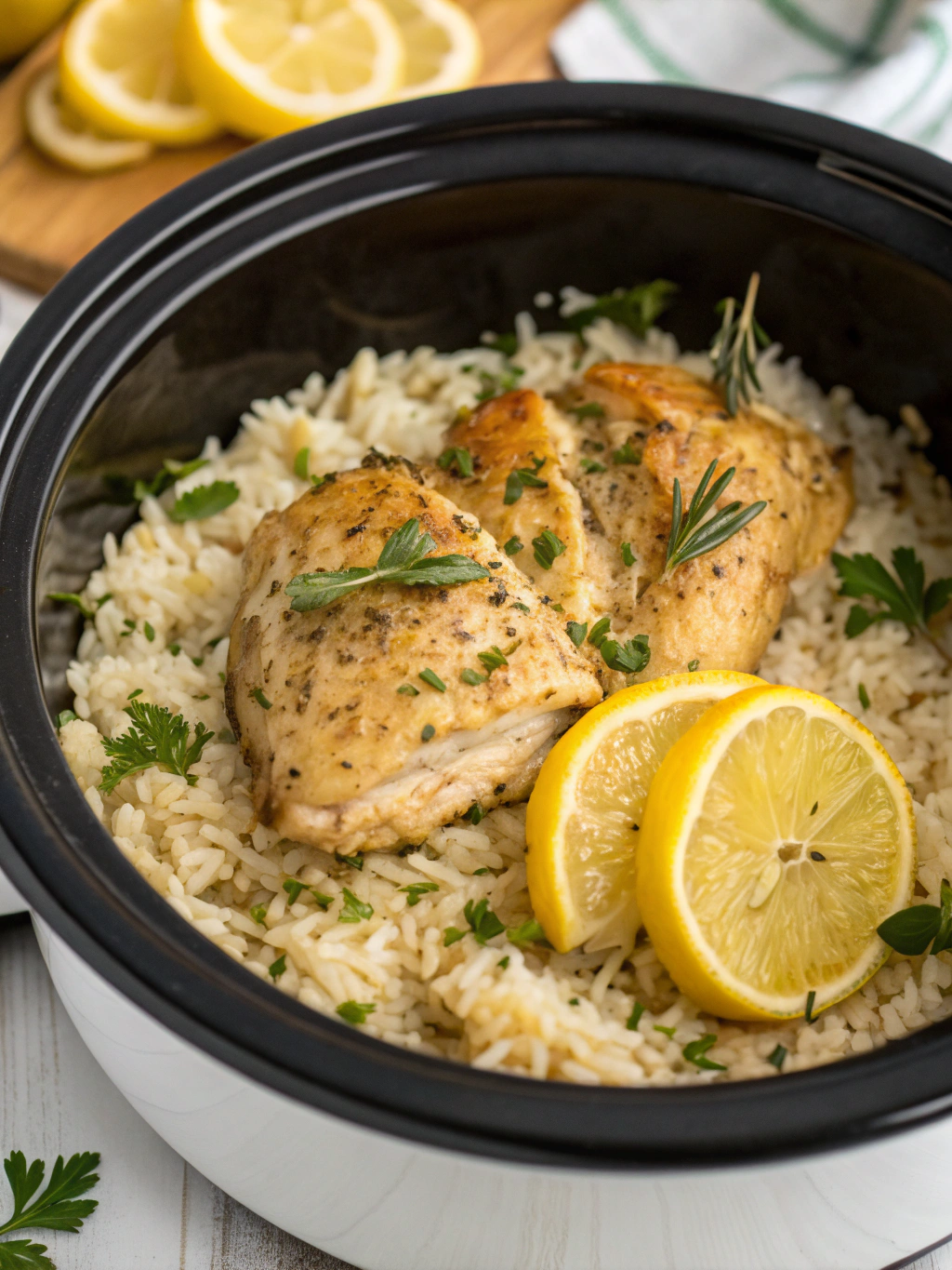Slow Cooker Lemon Herb Chicken and Rice