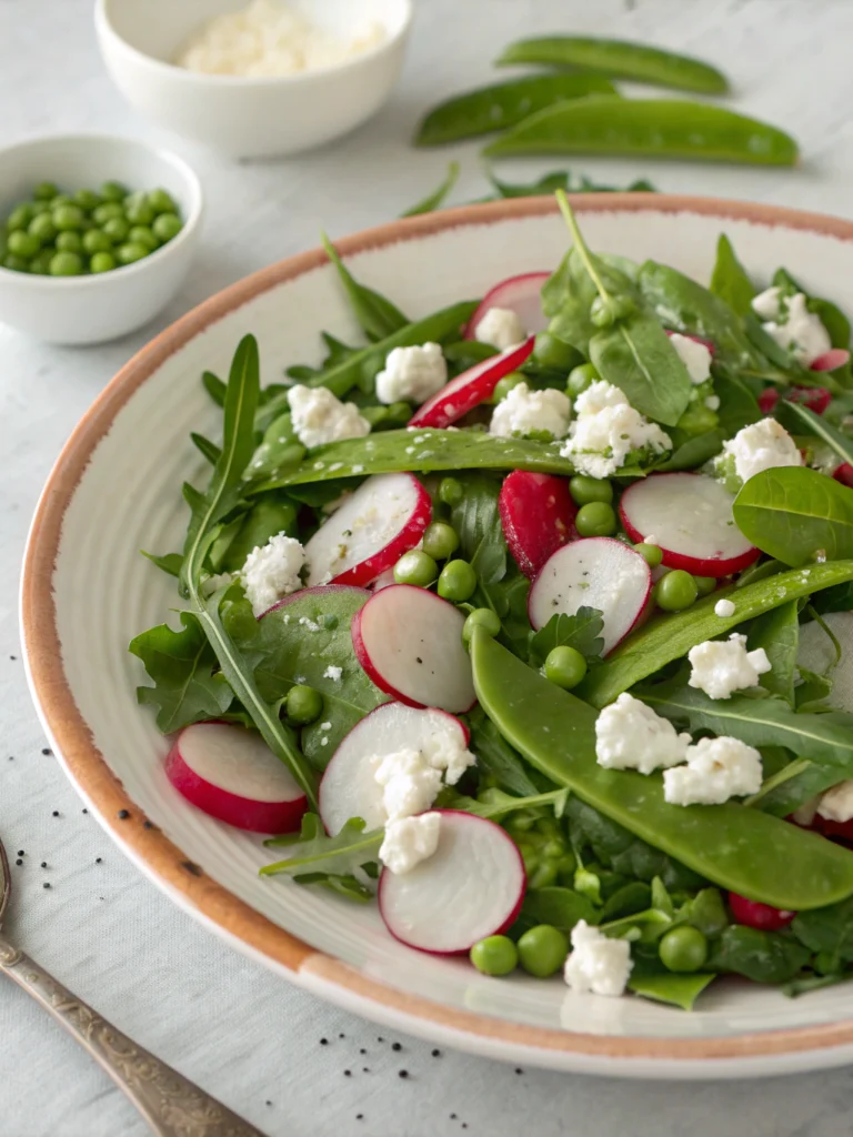 Sugar Snap Pea Salad with Radishes Feta and Arugula