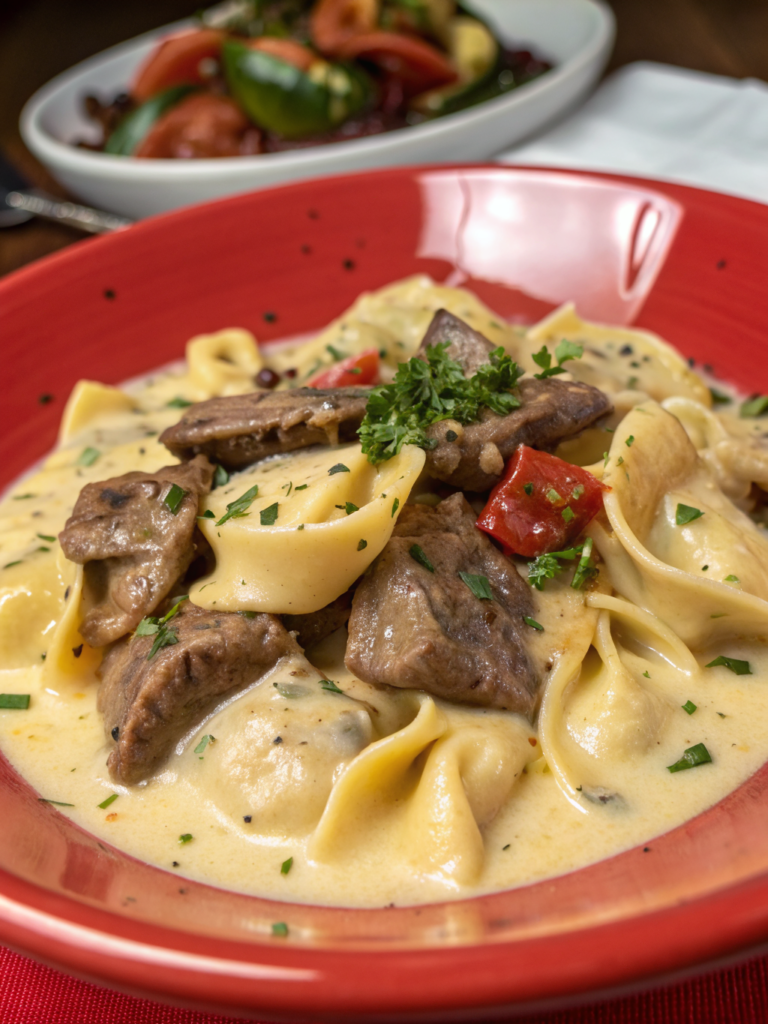 Cheesesteak Tortellini in Rich Provolone Sauce