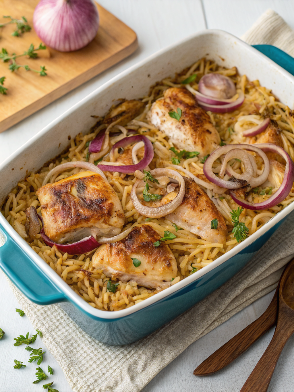 French Onion Chicken Orzo Casserole
