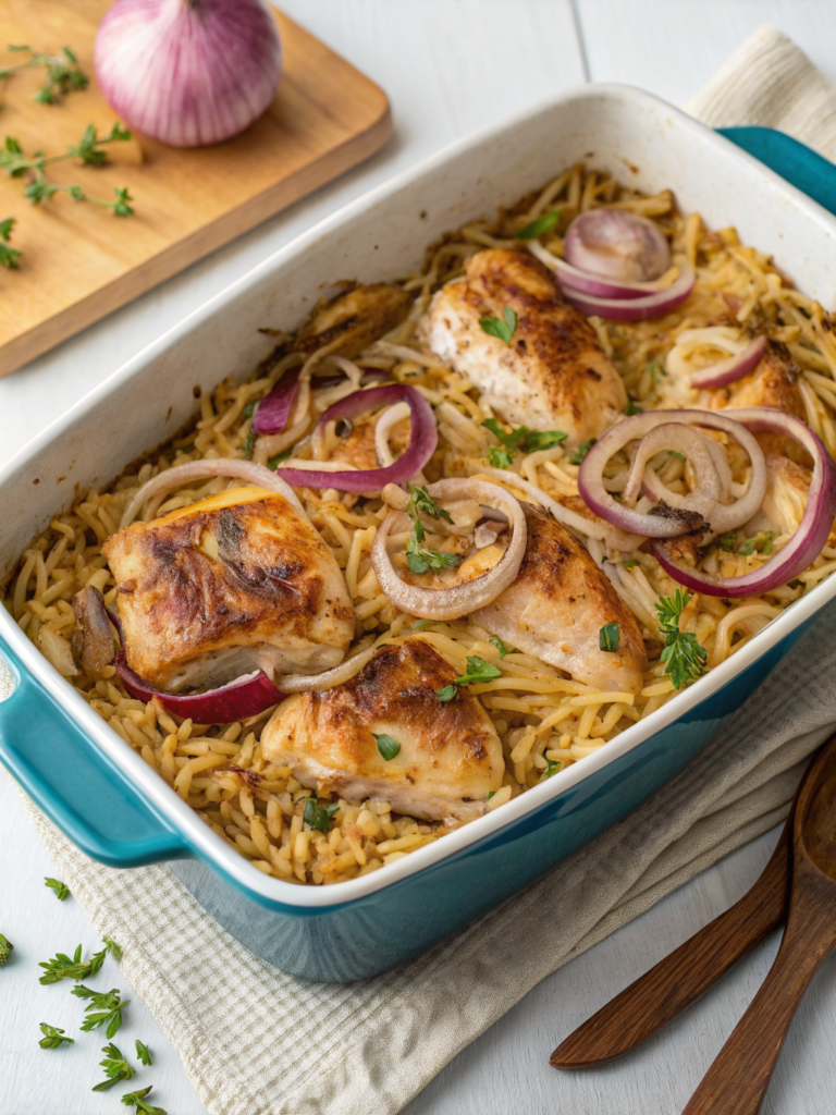 French Onion Chicken Orzo Casserole