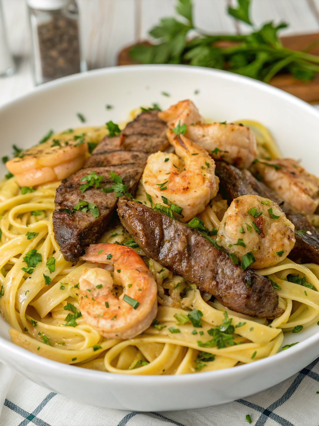 Garlic Butter Steak & Shrimp Pasta