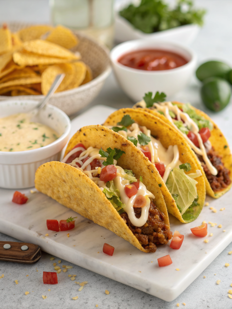 Loaded Taco Shells with Creamy Cheese Sauce