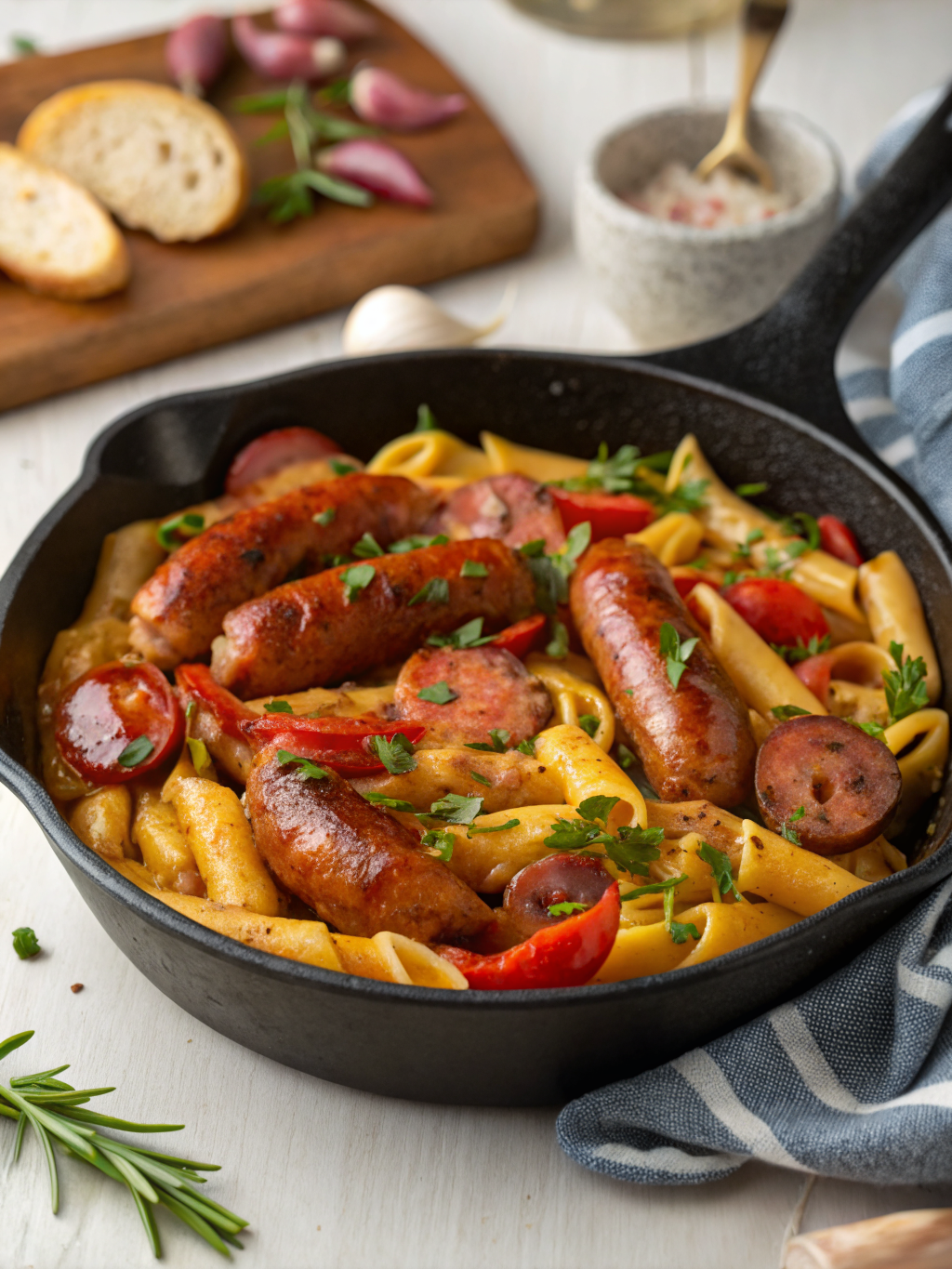 Sticky Honey Garlic Sausage Pasta Skillet