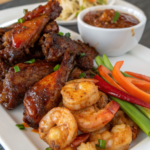 Sweet Chili Jerk Wings with Beef and Shrimp Loaded