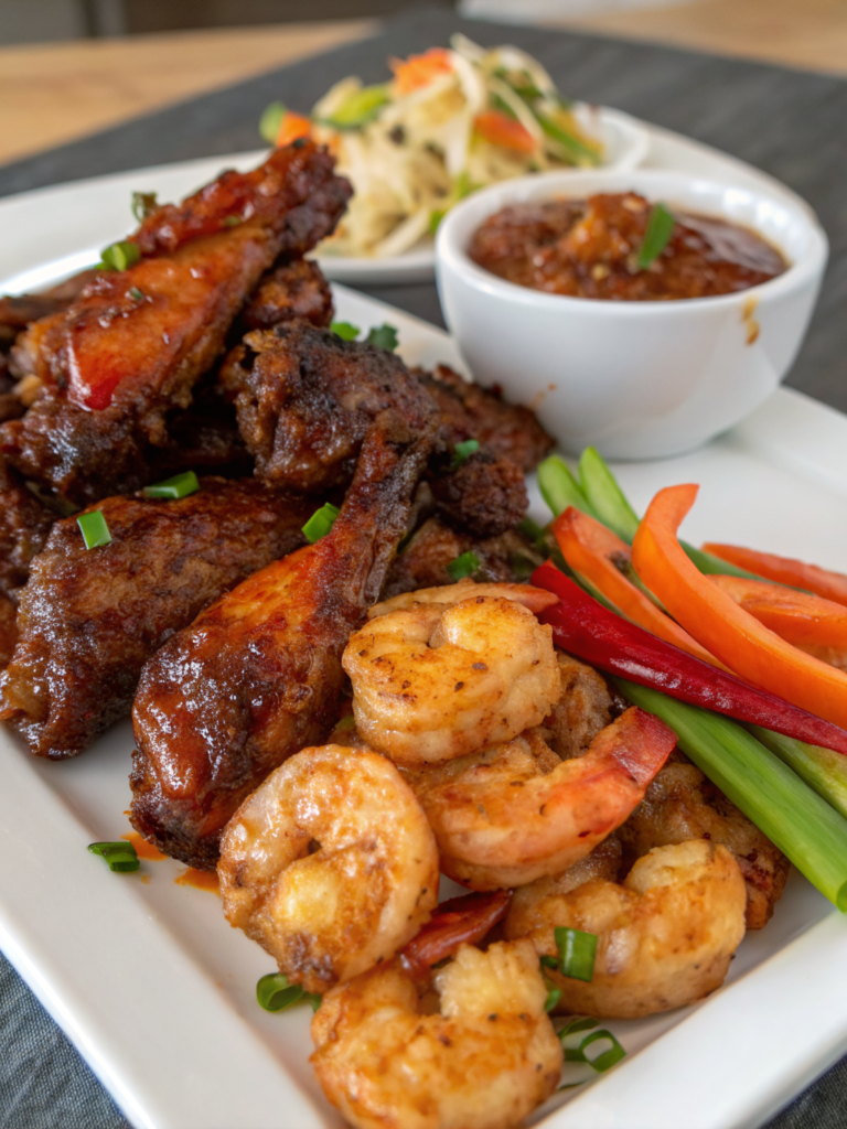 Sweet Chili Jerk Wings with Beef and Shrimp Loaded