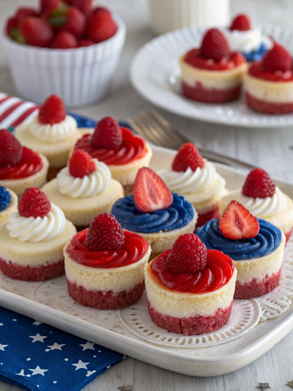Red White & Blue Mini Cheesecakes: 7 Fun Patriotic Dessert Ideas! 3 Red White & Blue Mini Cheesecakes: 7 Fun Patriotic Dessert Ideas!