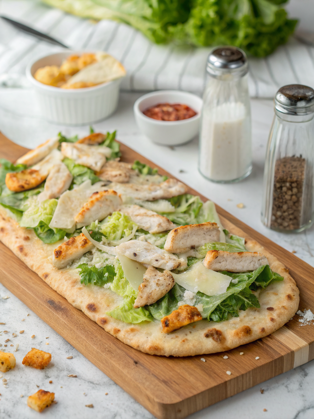 A delicious Chicken Caesar Flatbread topped with grilled chicken, romaine lettuce, and Caesar dressing