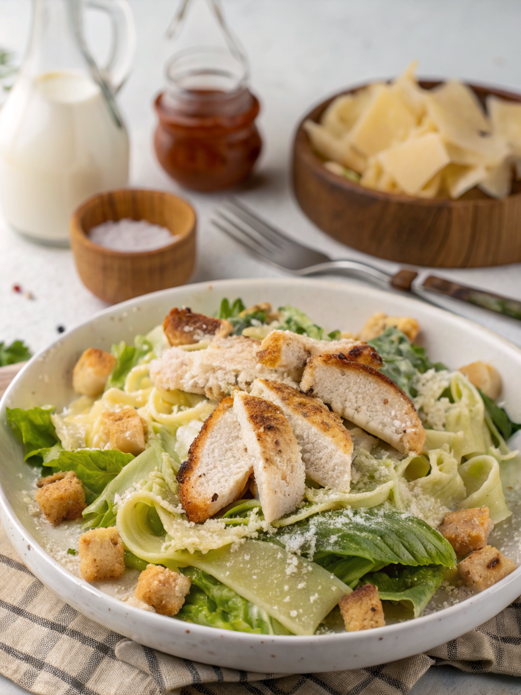 Chicken Caesar Pasta Salad | Salad Recipes: 5 Easy Steps for a Fresh Meal 3 A vibrant bowl of Chicken Caesar Pasta Salad garnished with croutons and Parmesan cheese.