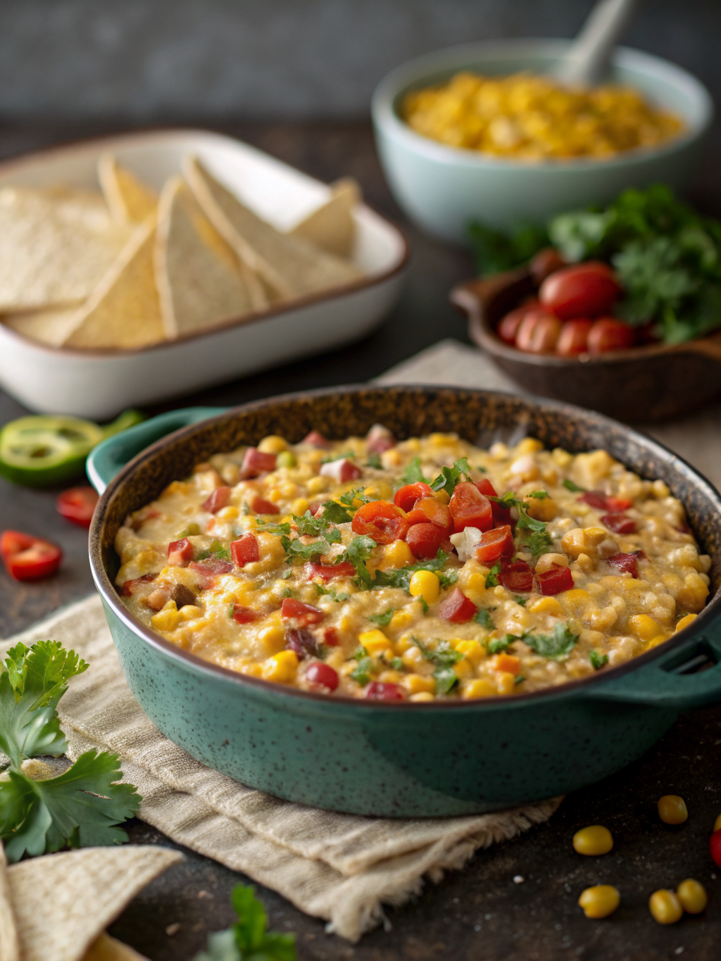 Cowboy Corn Dip: 5 Reasons This Recipe Will Wow Your Next Party 3 A creamy bowl of Cowboy Corn Dip garnished with cilantro, surrounded by tortilla chips