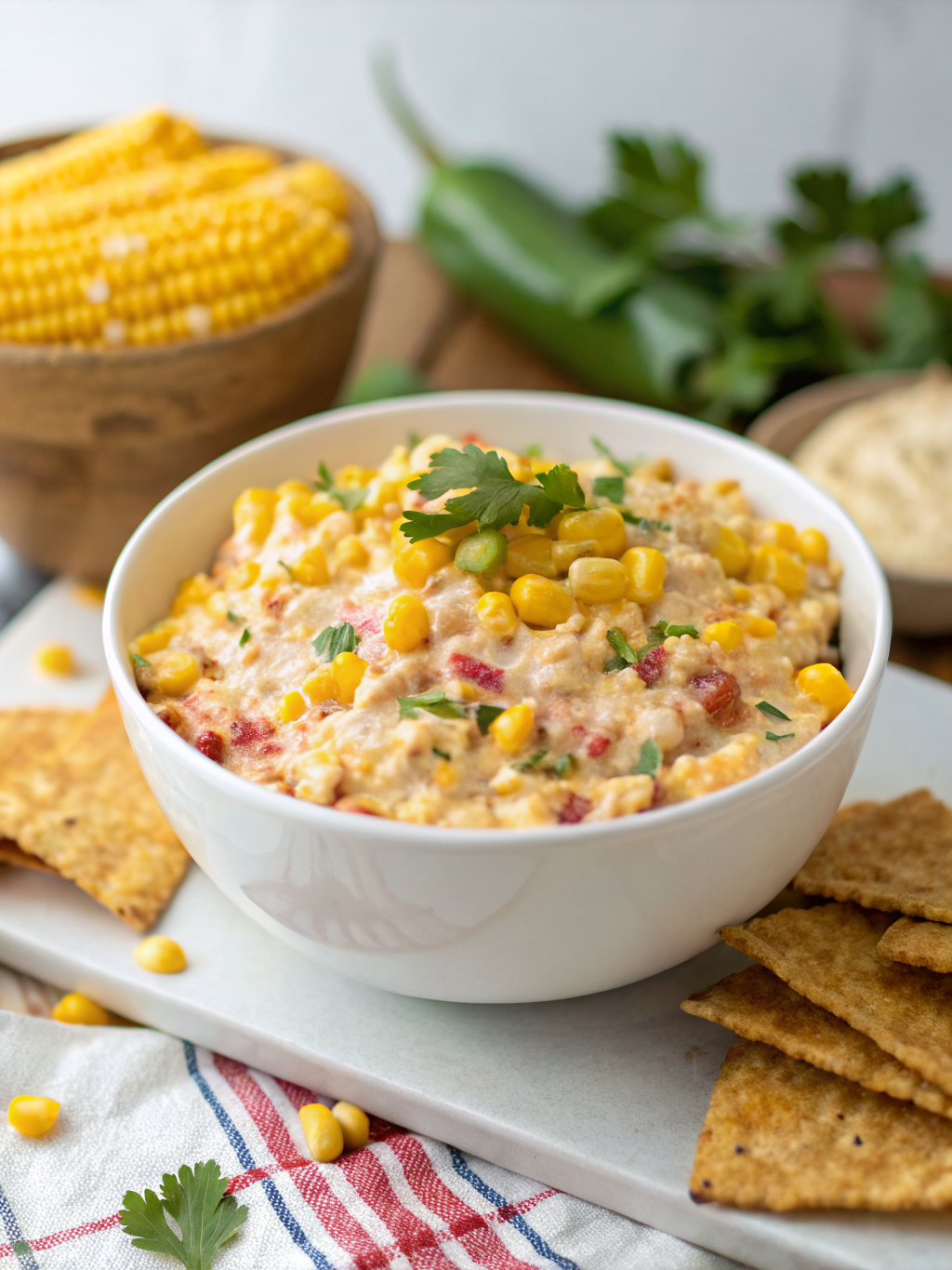 A creamy Crack Corn Dip garnished with green onions, served with tortilla chips