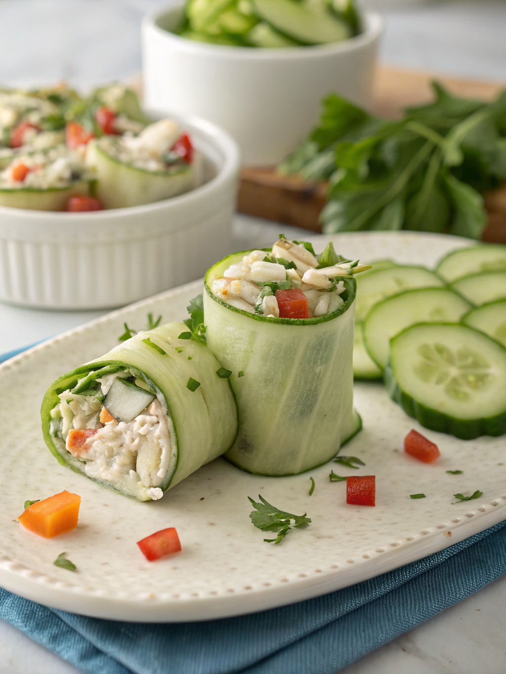 Freshly made Crunchy Chicken Salad Cucumber Roll Ups arranged on a wooden platter