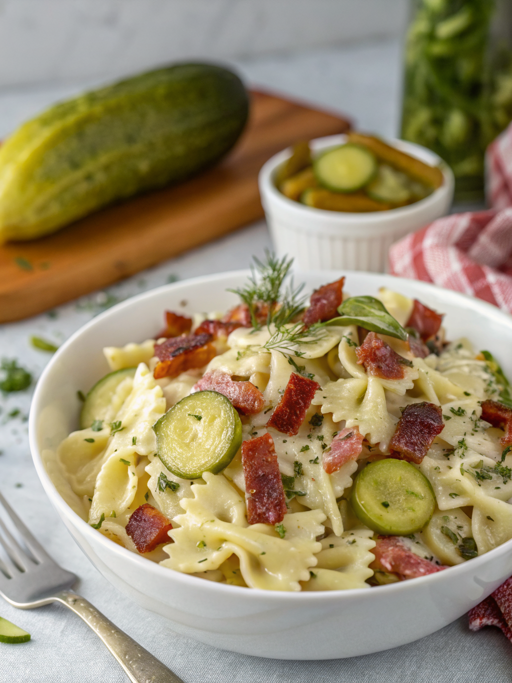 A vibrant bowl of dill pickle bacon pasta salad topped with fresh herbs and surrounded by ingredients like bacon and dill pickles.
