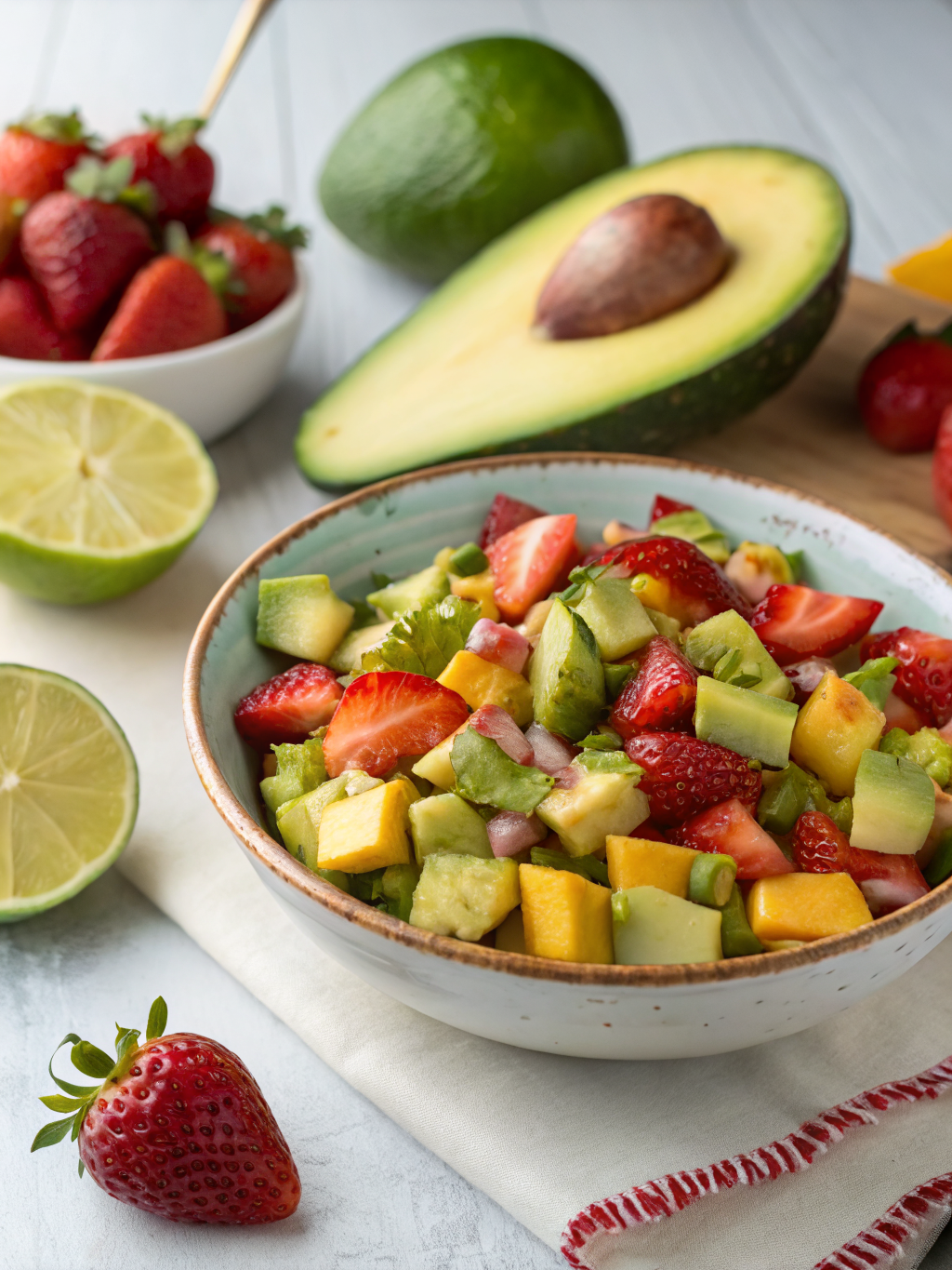 A vibrant bowl of freshly made avocado strawberry mango salsa, showcasing a medley of colorful fruits and vegetables