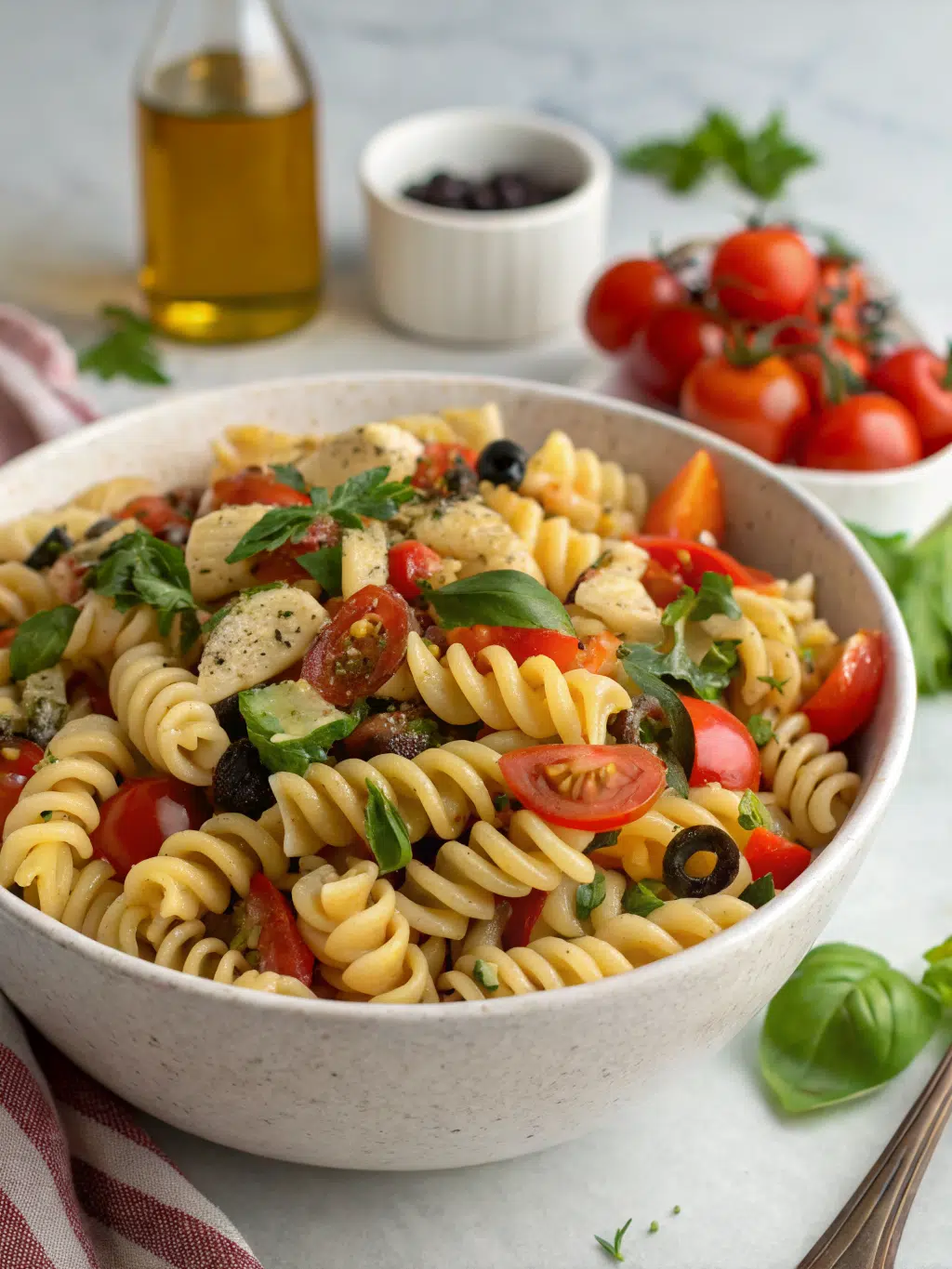 Italian Pasta Salad (Vegetarian): 5 Easy Steps to a Perfect Recipe 3 A colorful bowl of Italian pasta salad featuring mixed vegetables and pasta dressed in Italian vinaigrette