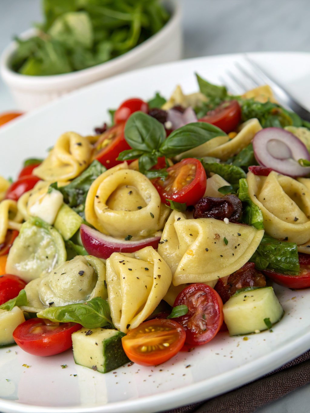 A vibrant serving of Italian Tortellini Pasta Salad filled with tortellini, cherry tomatoes, bell peppers, olives, and fresh herbs