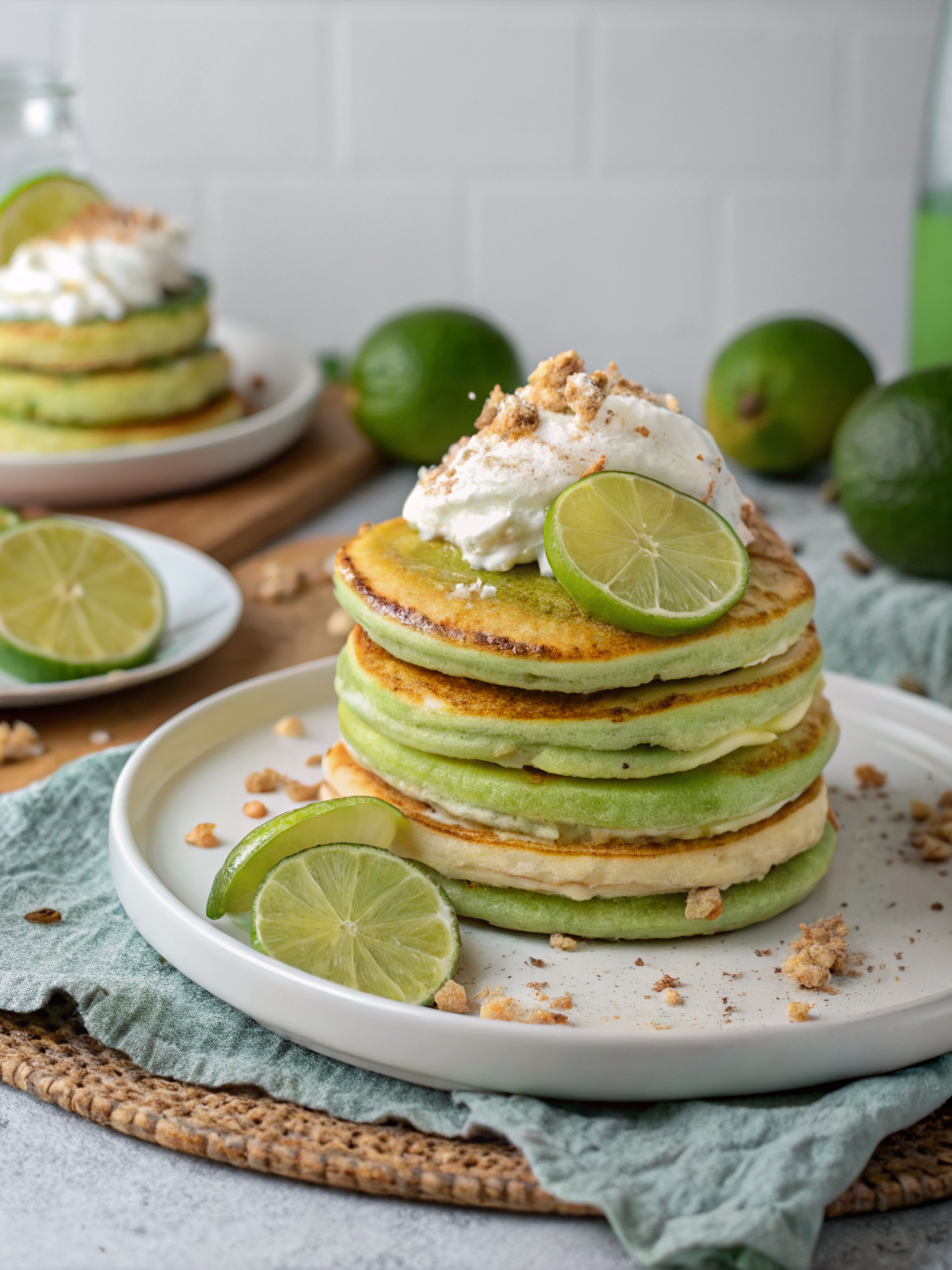 A delicious stack of fluffy Key Lime Pie Pancakes topped with whipped cream and lime zest, garnished on a plate