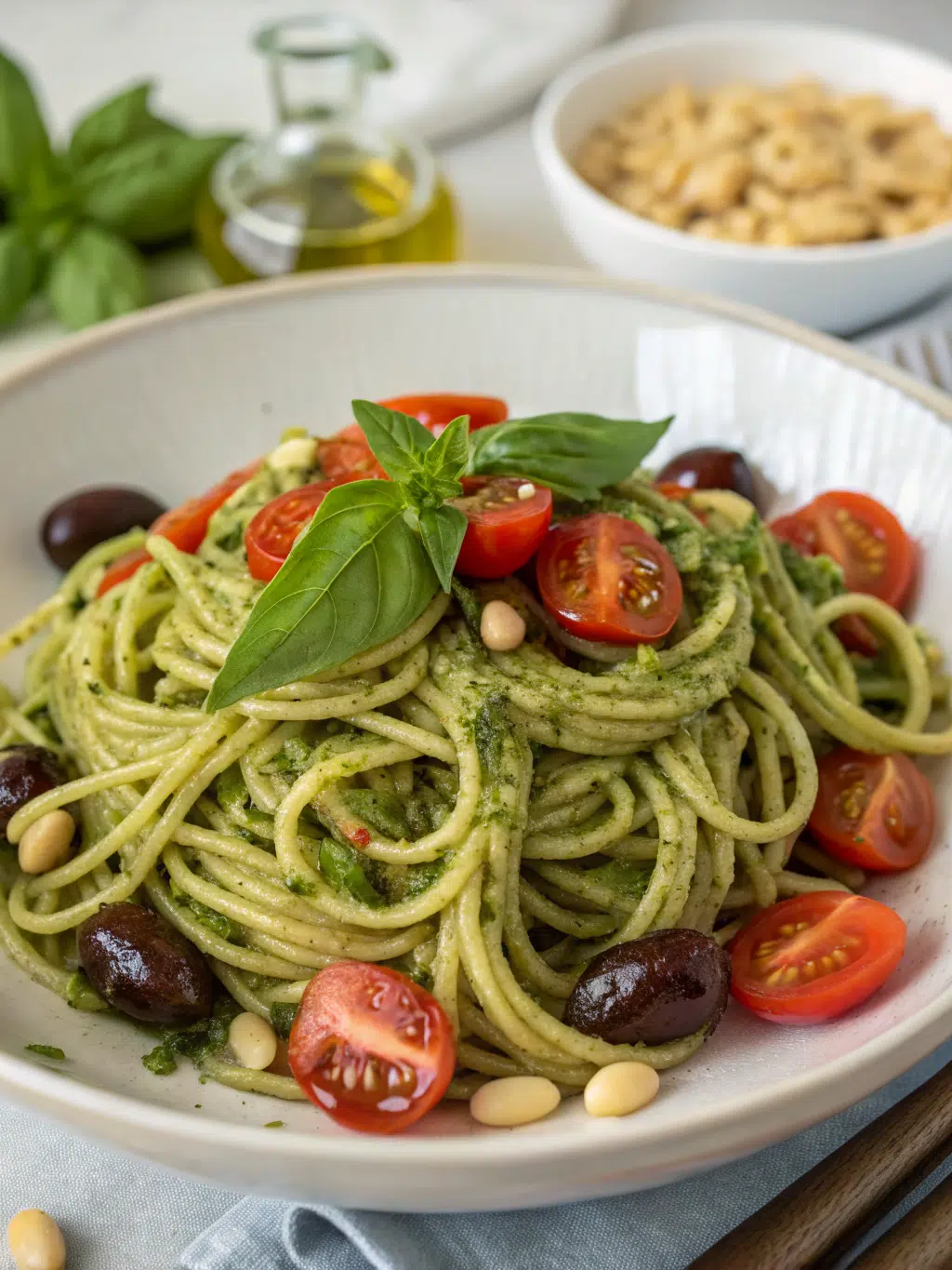 A vibrant pesto pasta salad served in a white bowl, topped with cherry tomatoes and fresh basil