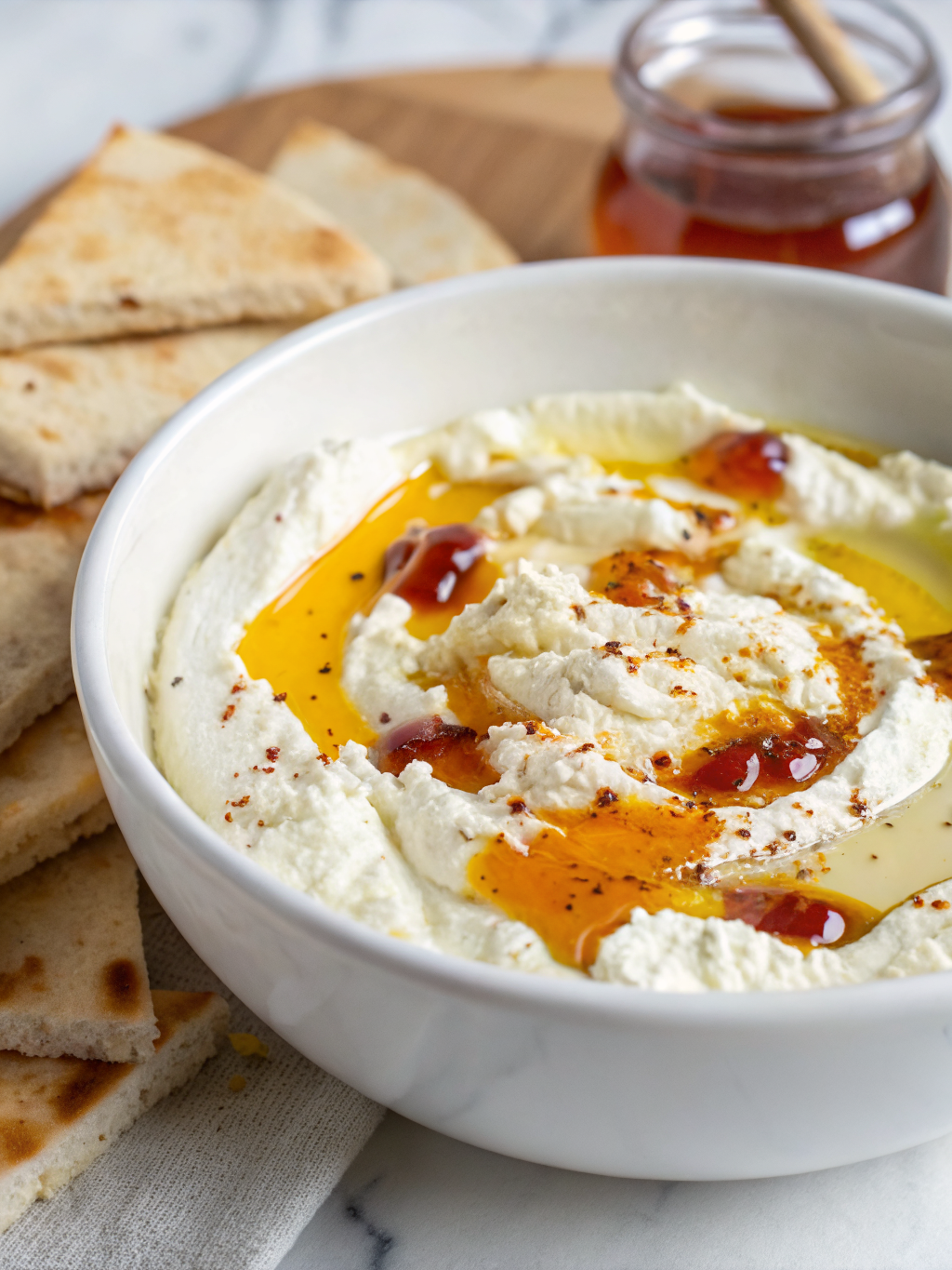 Ricotta Dip with Hot Honey: 5 Reasons You’ll Love This Easy Recipe 3 A bowl of creamy ricotta dip topped with hot honey and served with fresh breadsticks and vegetables