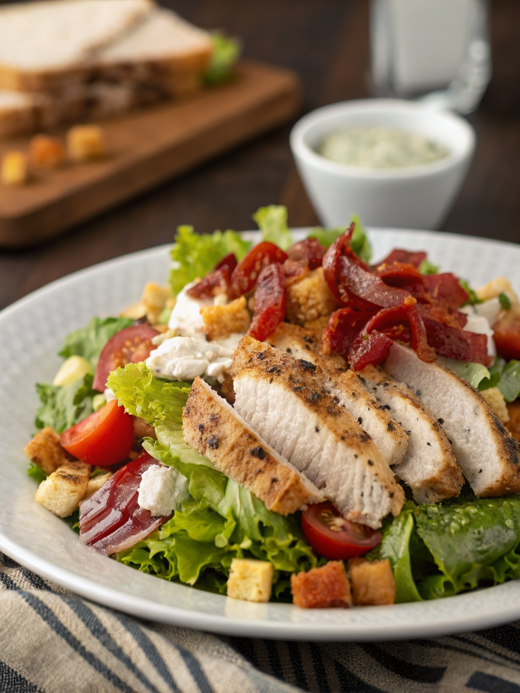Savory BLT Chicken Salad: 5 Reasons This Recipe Is a Must-Try 3 A delicious bowl of Savory BLT Chicken Salad featuring grilled chicken, crispy bacon, fresh lettuce, and colorful veggies