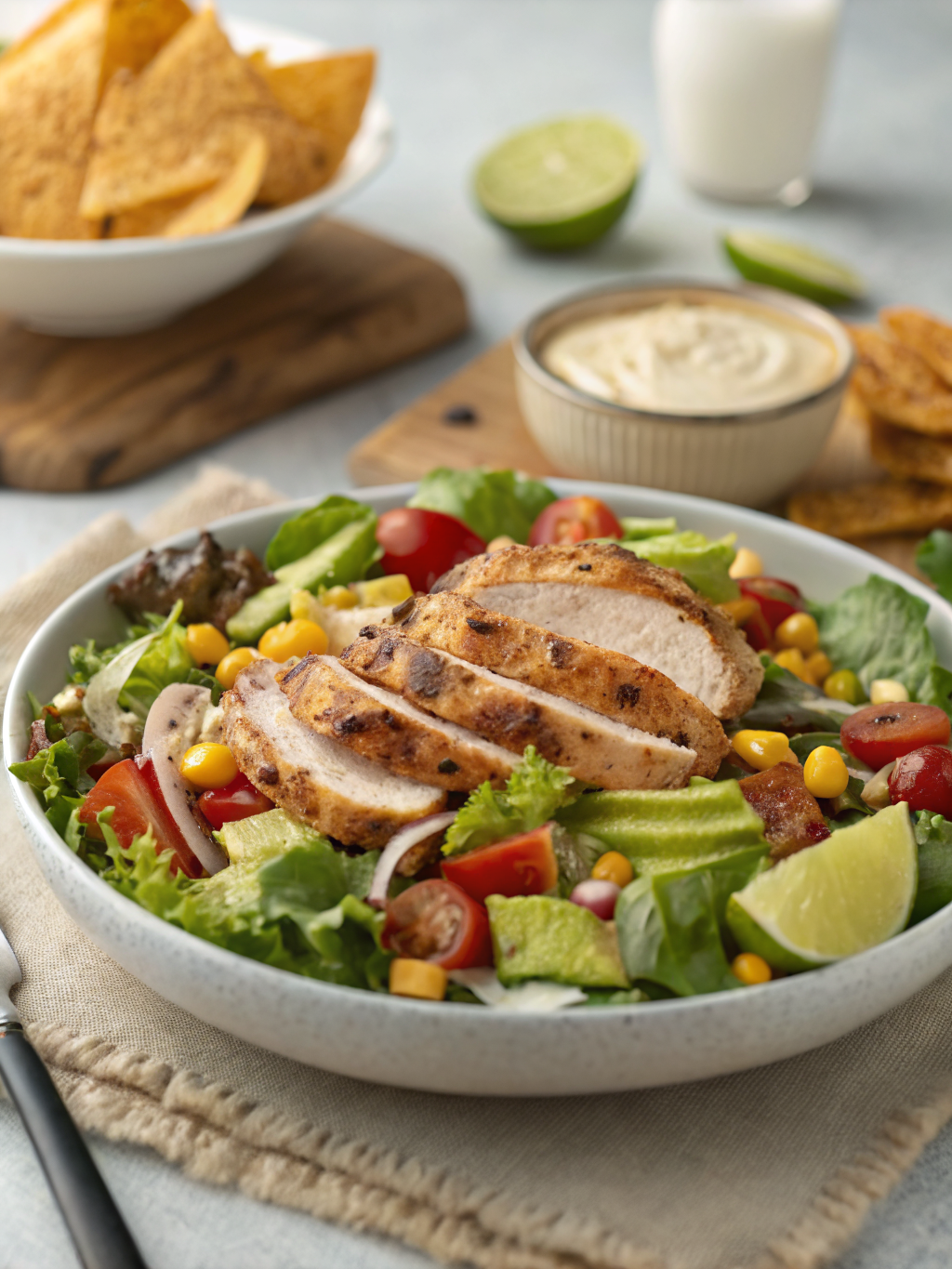 Southwestern Chicken Salad: 5 Tasty Ways to Spice Up Dinner Tonight 3 A colorful Southwestern Chicken Salad featuring grilled chicken, mixed greens, bell peppers, corn, black beans, and avocado, drizzled with creamy dressing