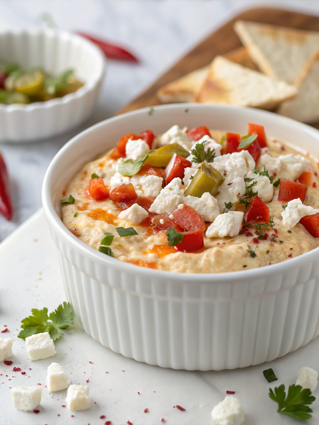 A vibrant bowl of Tirokafteri, a spicy Greek feta dip, surrounded by colorful vegetable sticks and pita bread