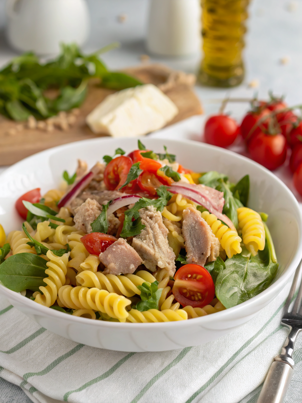 A colorful bowl of Tuna Pasta Salad packed with cherry tomatoes, sweet corn, and mixed with creamy dressing