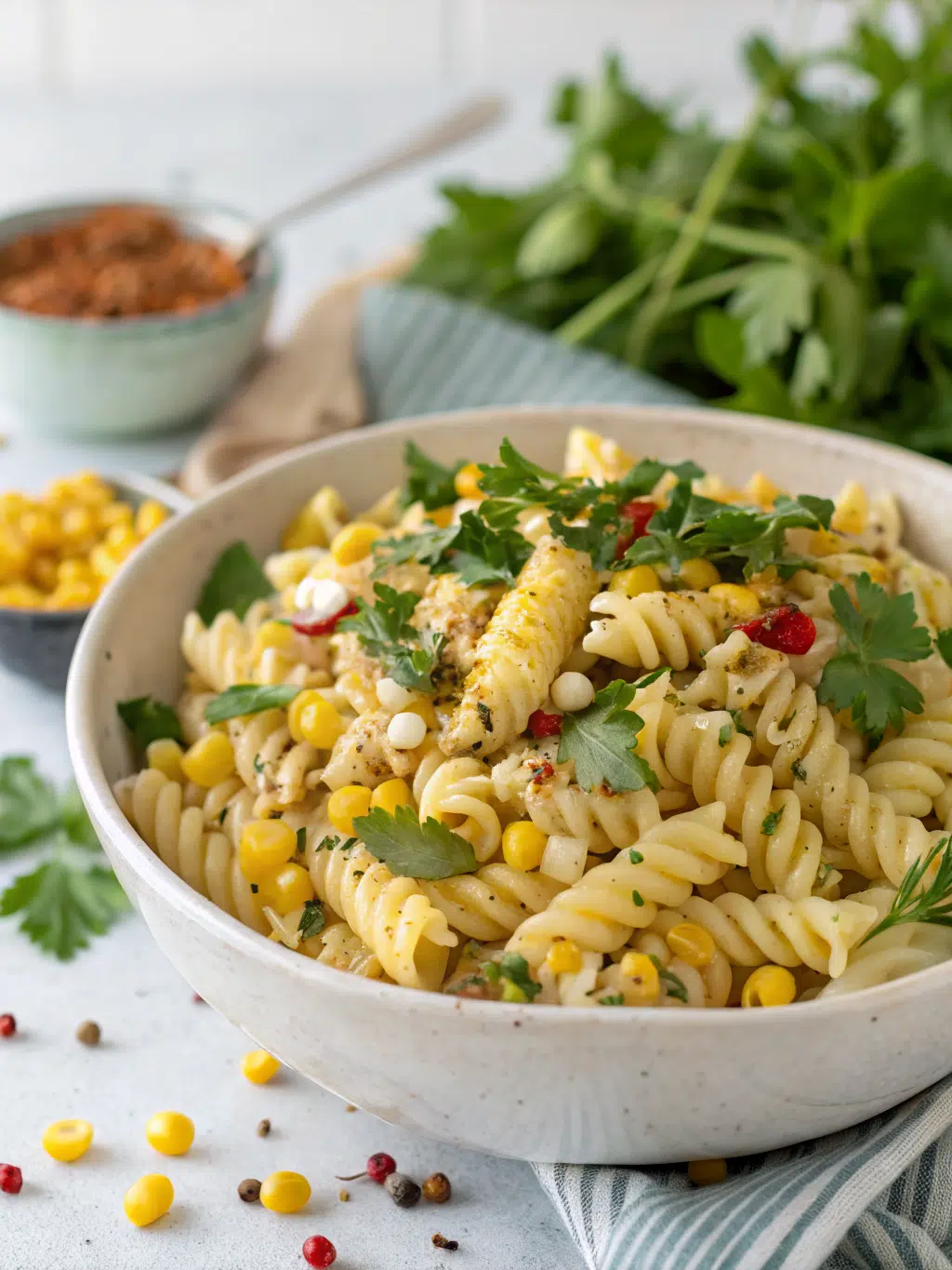 Street corn pasta salad: 7 Tasty Ways to Make This Summer Favorite 3 A colorful bowl of street corn pasta salad featuring corn, bell peppers, pasta, and a creamy dressing