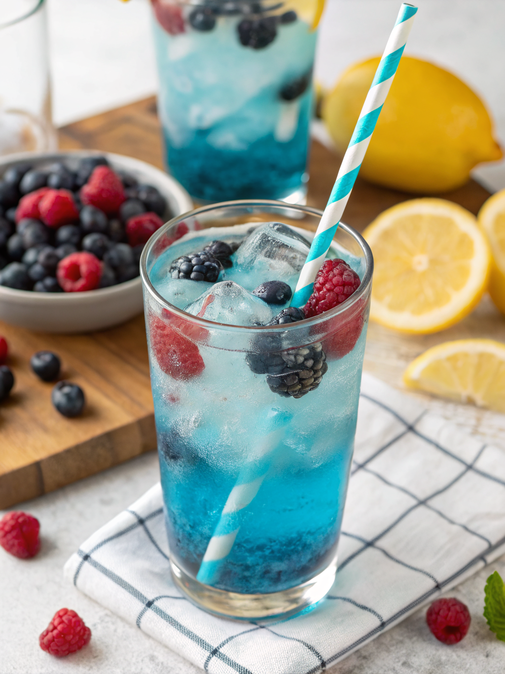 A refreshing glass of blue raspberry lemonade garnished with mint leaves and lemon slices, set against a sunlit backdrop.