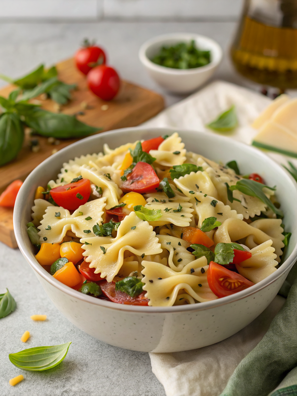 A colorful bowl of Bow Tie Pasta Salad featuring pasta, fresh veggies, and a light dressing
