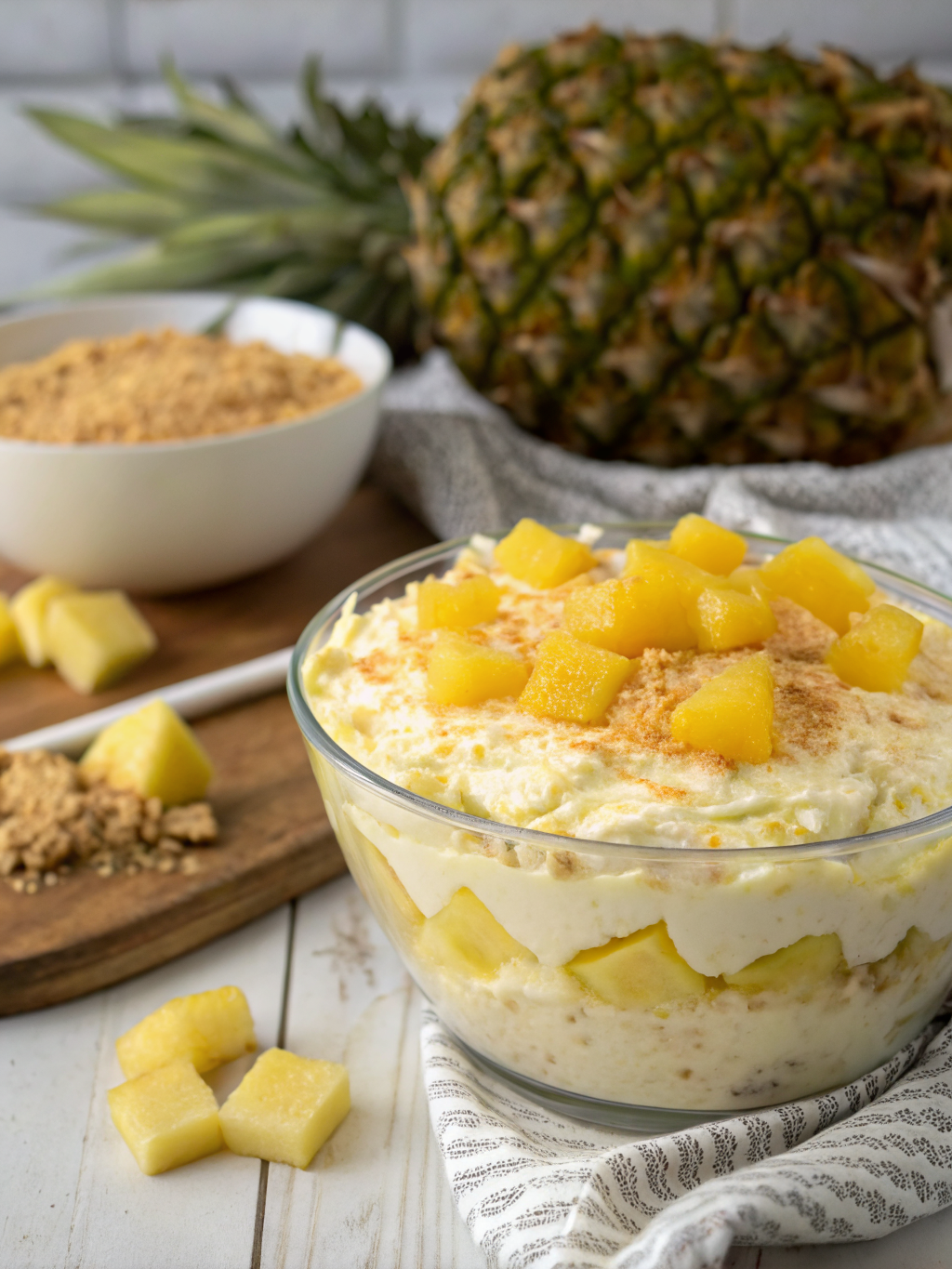 A creamy cheesecake pineapple dip served in a white bowl garnished with crushed nuts and surrounded by assorted fruits and crackers