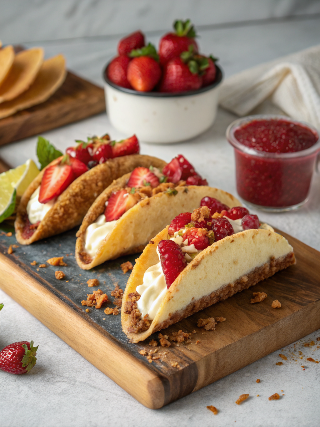 A plate of colorful Cheesecake Tacos filled with cream cheese filling, topped with strawberries and blue sprinkles