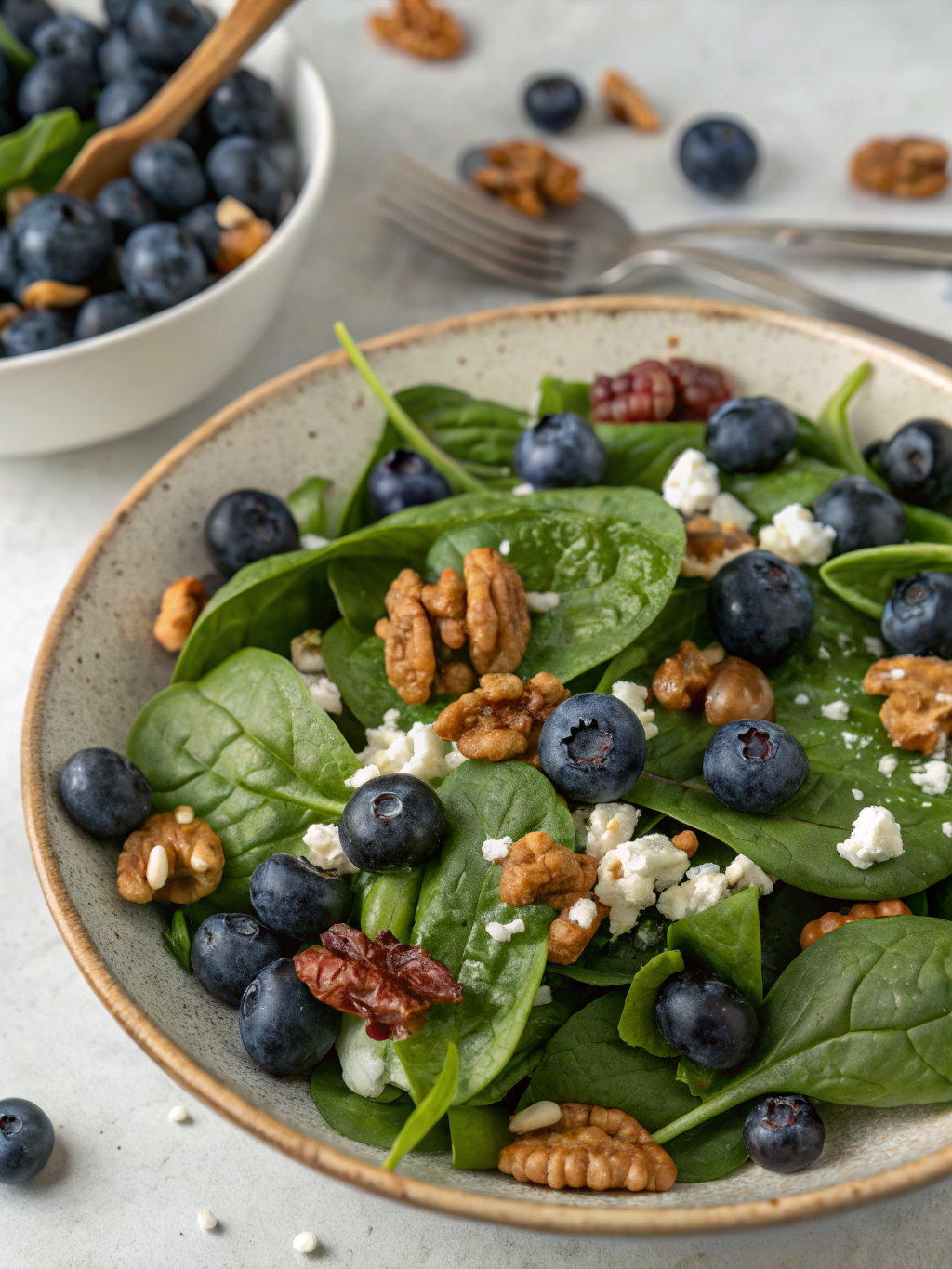 A vibrant bowl of Easy Spinach Blueberry Salad featuring fresh spinach, blueberries, sliced almonds, and a light dressing