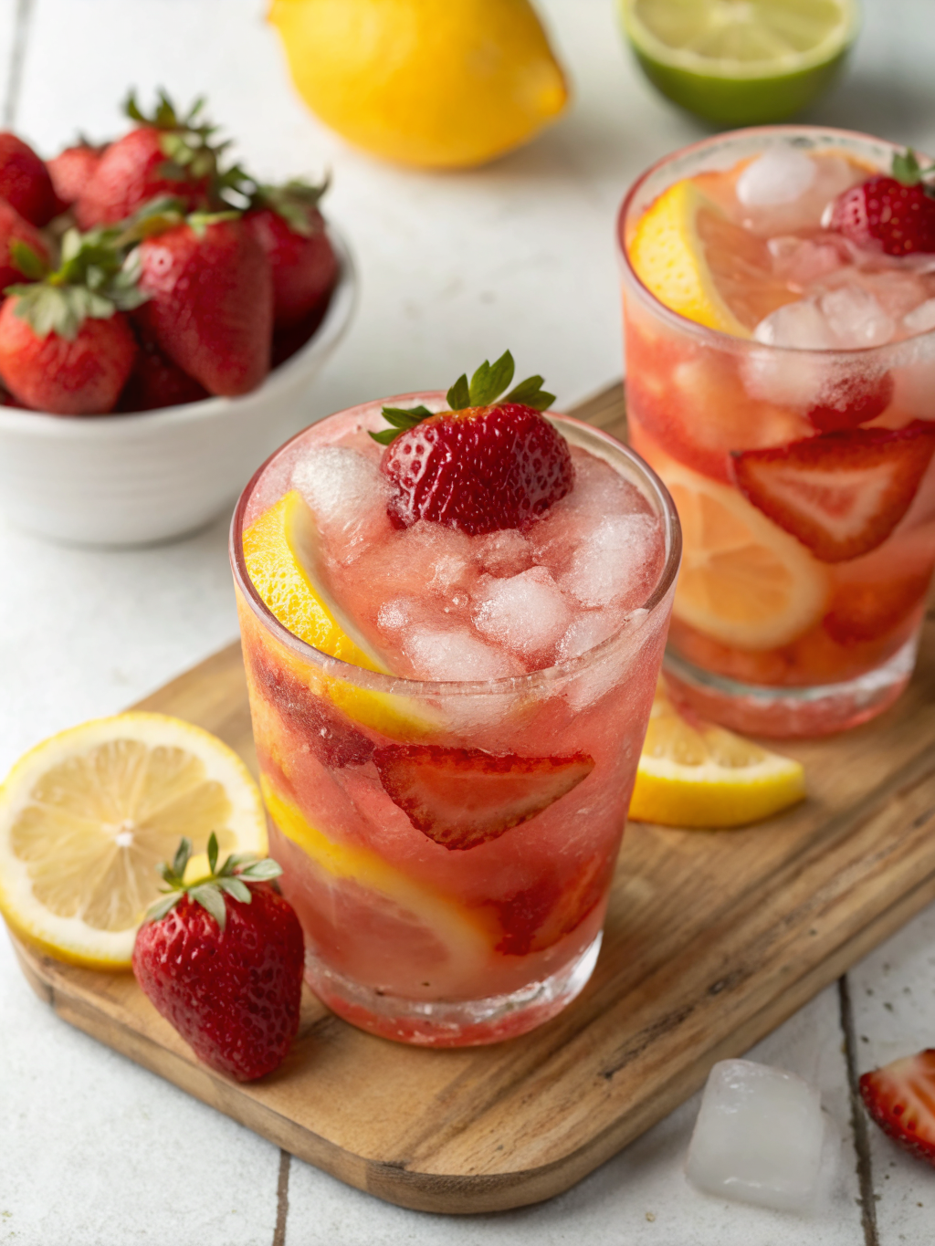 Frozen Strawberry Lemonade: 3 Simple Steps to the Best Summer Drink 3 A refreshing glass of frozen strawberry lemonade topped with slices of fresh lemon and strawberries