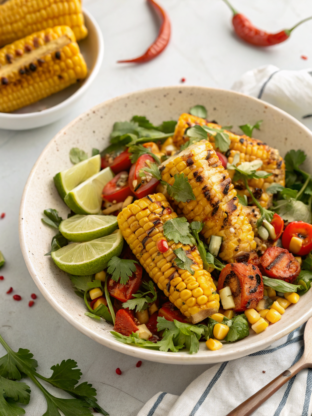 A bright and colorful bowl of Grilled Corn Salad combining grilled corn, red bell pepper, cherry tomatoes, red onion, and fresh cilantro