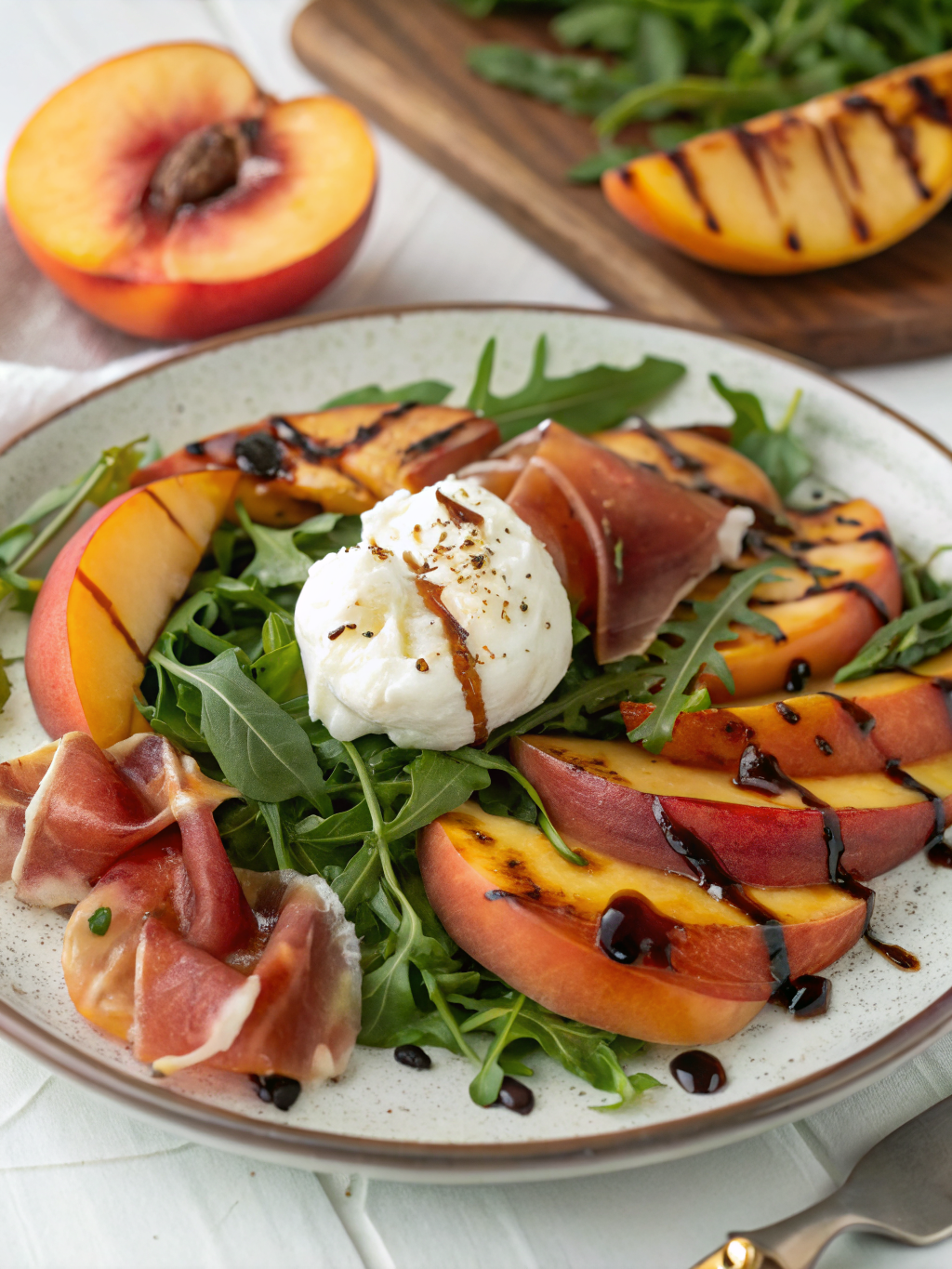 A vibrant plate of Grilled Nectarine Burrata Prosciutto Salad featuring golden grilled nectarines, creamy burrata, crispy prosciutto, and fresh greens