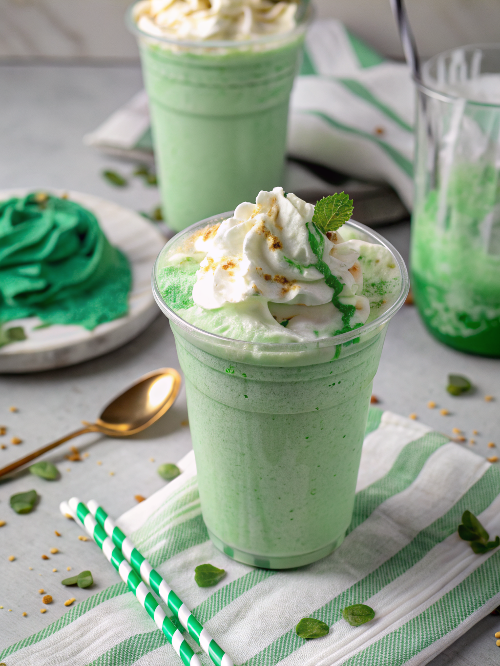 A tall glass filled with a creamy green shamrock shake topped with whipped cream and a cherry.