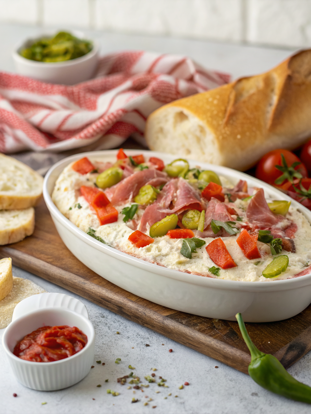 Italian Hoagie Dip: 5 Reasons This Appetizer Is a Party Must-Try 3 A colorful bowl of Italian Hoagie Dip filled with deli meats, cheese, and fresh vegetables, served on a rustic wooden table.