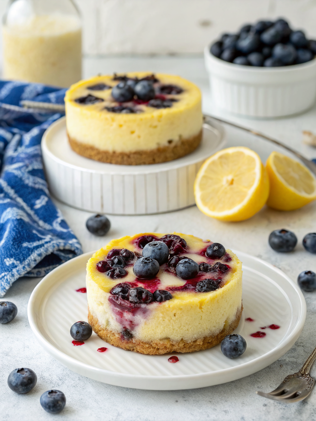 a batch of juicy mini lemon blueberry cheesecakes on a white plate topped with fresh blueberries and lemon zest