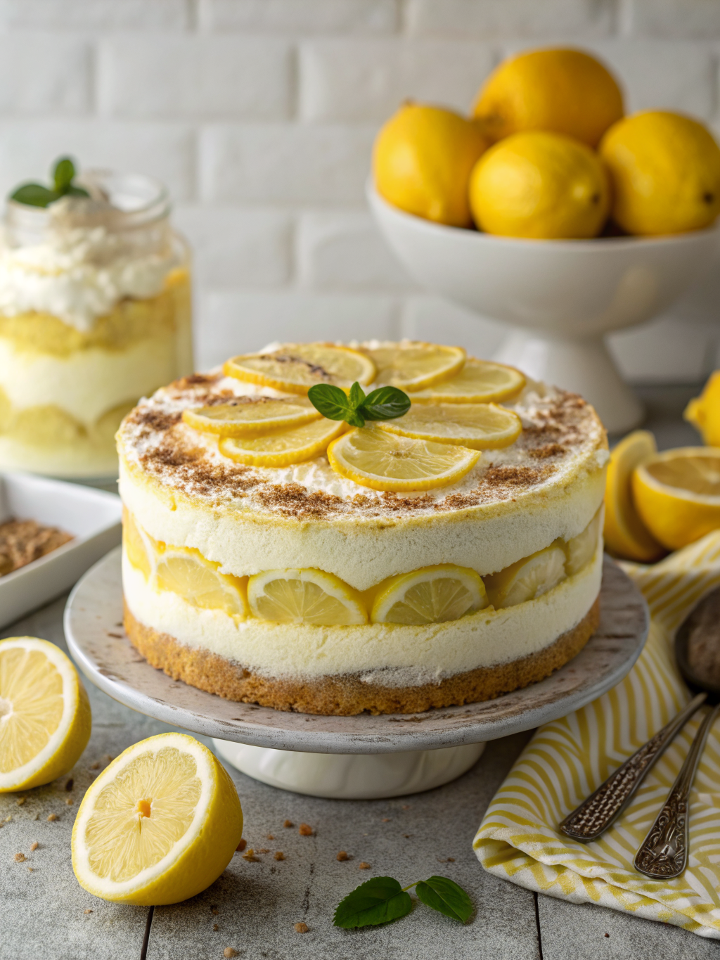 A slice of lemon tiramisu layered with creamy mascarpone and garnished with lemon zest