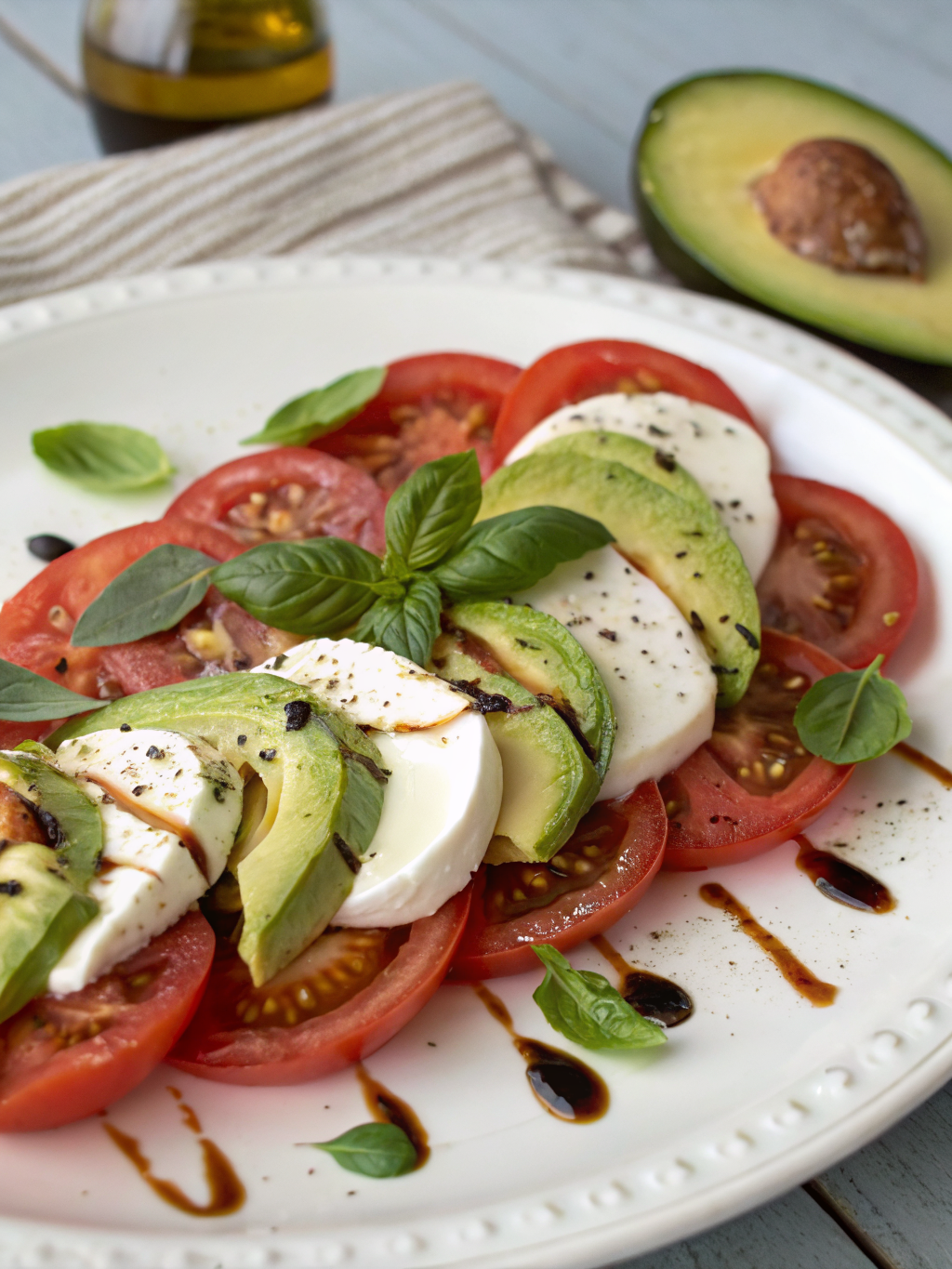 A refreshing Light Avocado Caprese Salad served on a white plate, featuring slices of avocado, mozzarella cheese, tomatoes, and basil leaves drizzled with olive oil